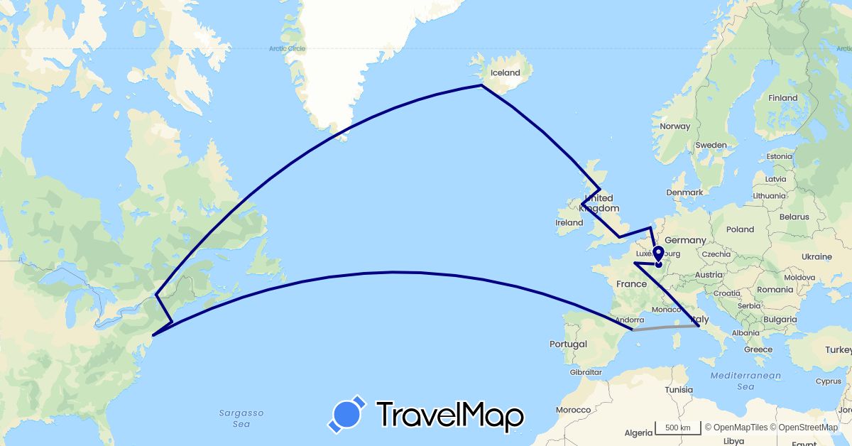 TravelMap itinerary: driving, plane in Canada, Spain, France, United Kingdom, Iceland, Netherlands, United States (Europe, North America)